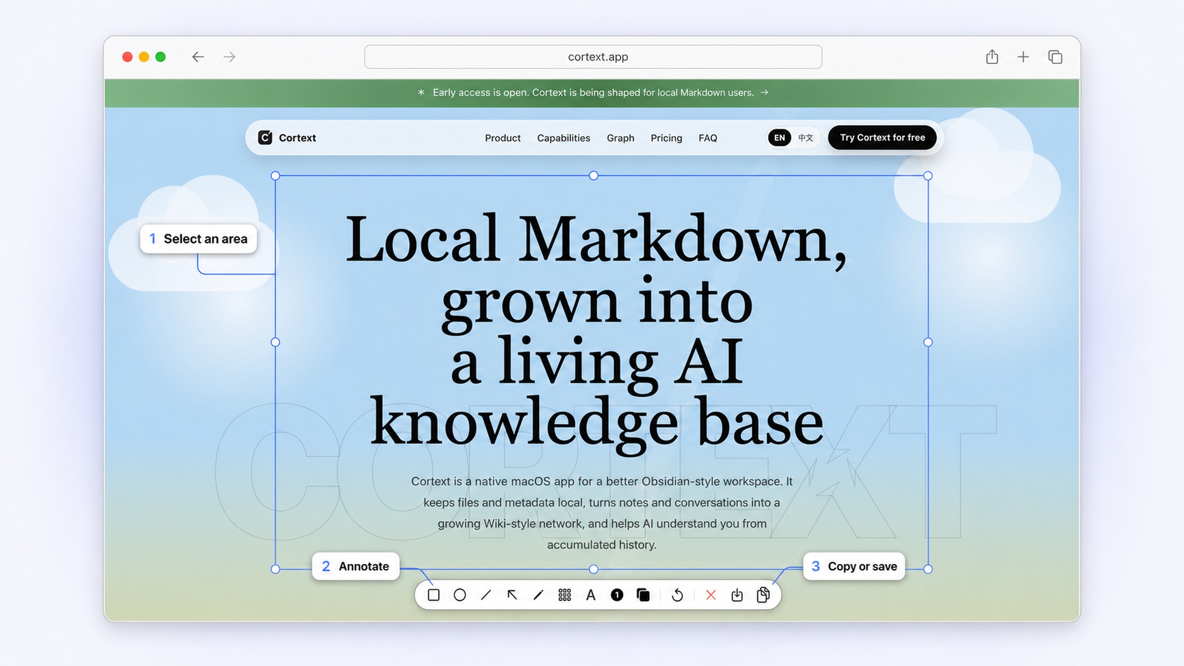 SnipDot selecting a region of a web page, with its nine-tool annotation toolbar below the selection